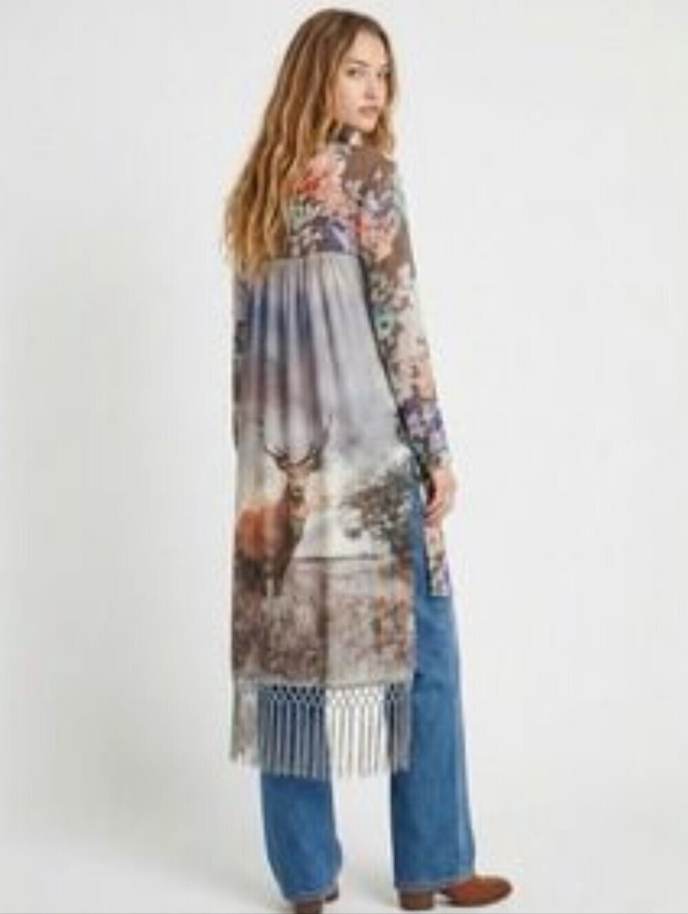 Aratta Multicolor Floral & Stag Fringe Kimono - Blue, White, Brown_S